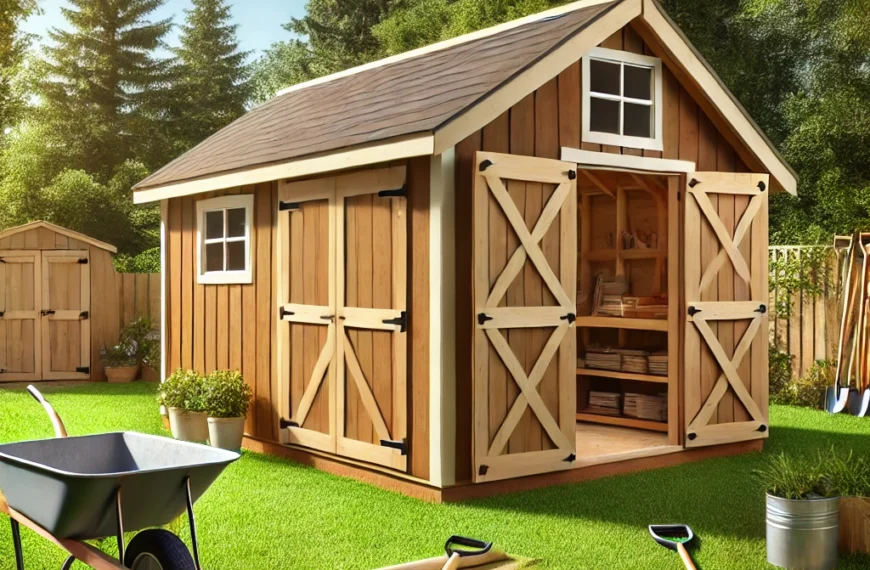 12x24 wooden shed completed in a backyard setting