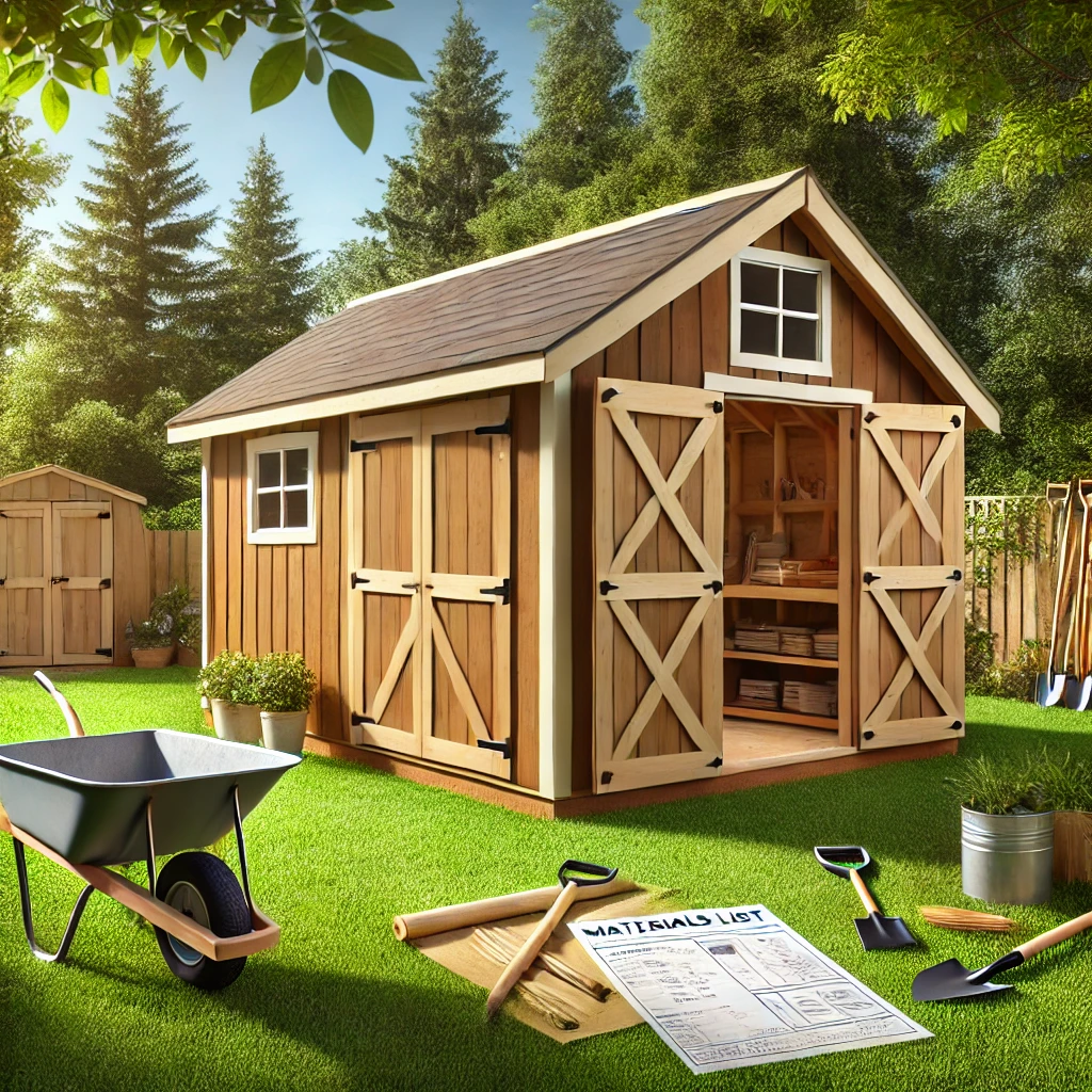 12x24 wooden shed completed in a backyard setting